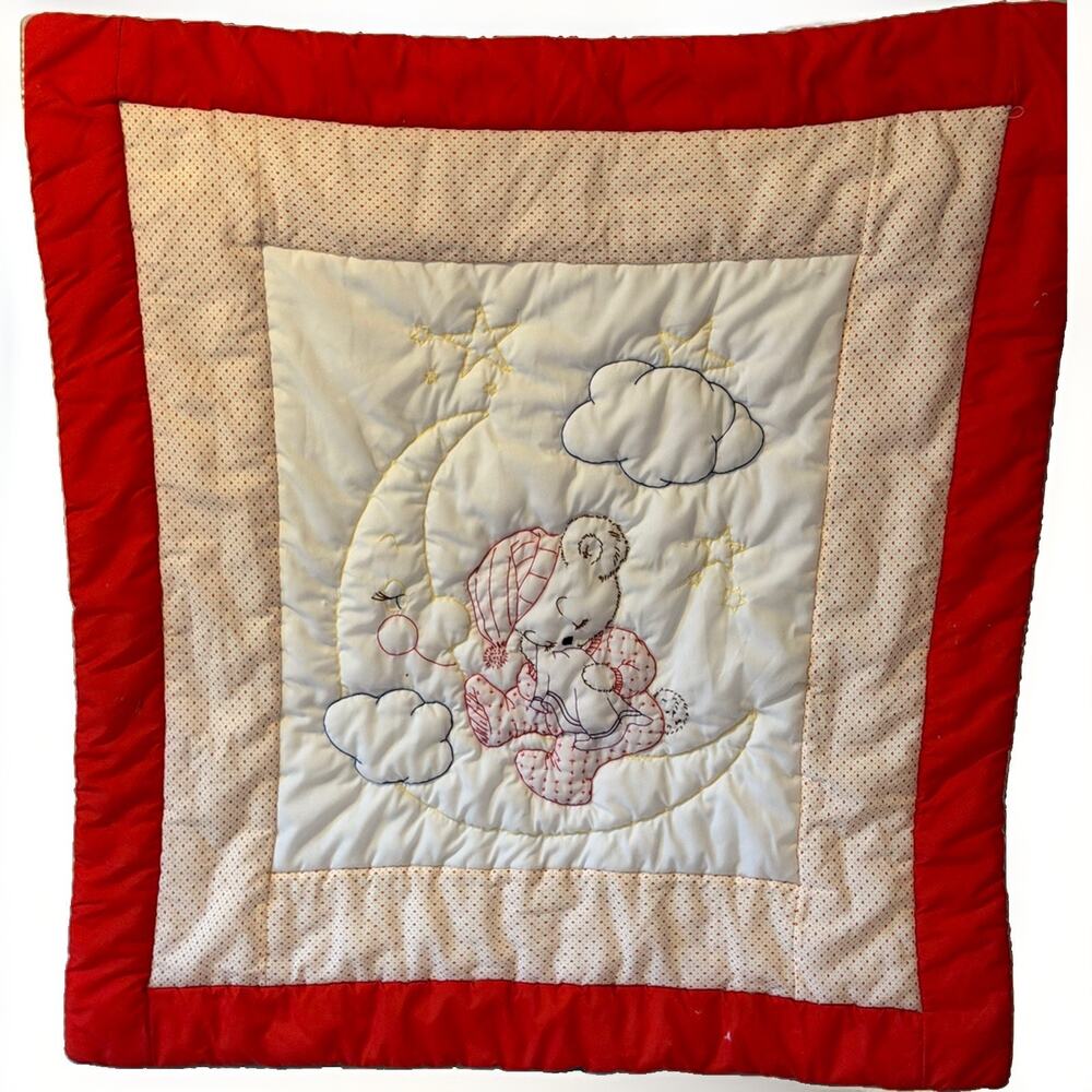 Handmade Baby Quilt Embroidered Moon Teddy Hearts 34” Lap Throw Wall Hanging VTG